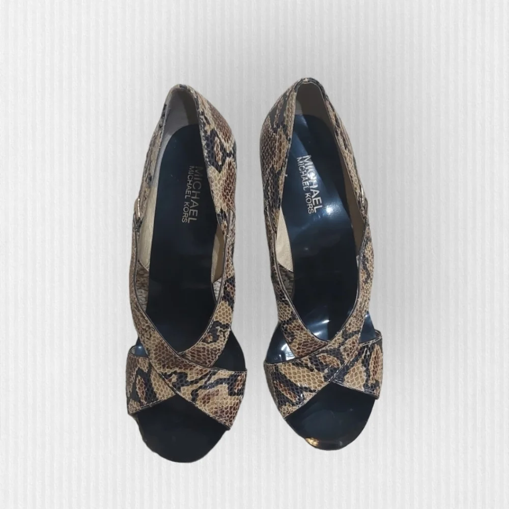 Michael Kors Strappy Brown Black Python Print Heels Leather High Heel Size 9.5M - Picture 6 of 14